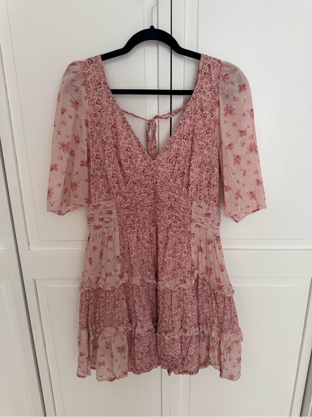 American Eagle Outfitters Dusty Rose Floral V-Neck Tiered Mini Dress